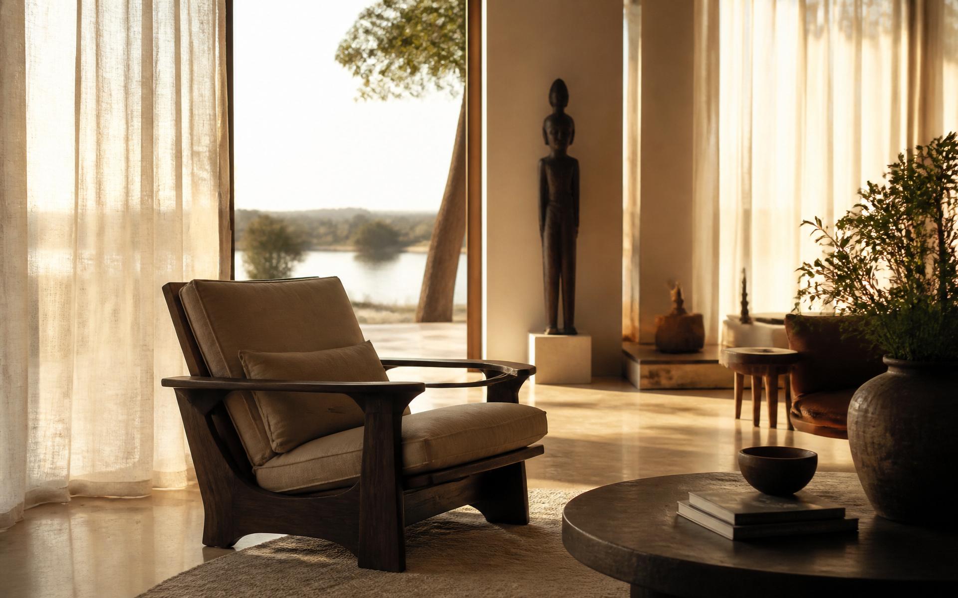 Salon contemporain baigné de lumière naturelle, mobilier en bois sculpté à Bangui